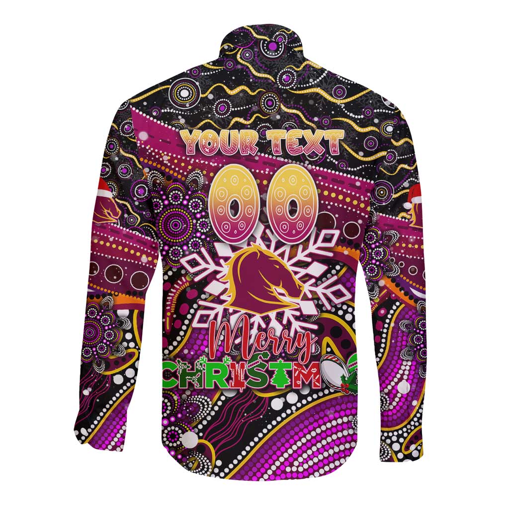 Merry Christmas Broncos Long Sleeve Button Shirt Aboriginal Santa Rugby Mascot - Brisbane