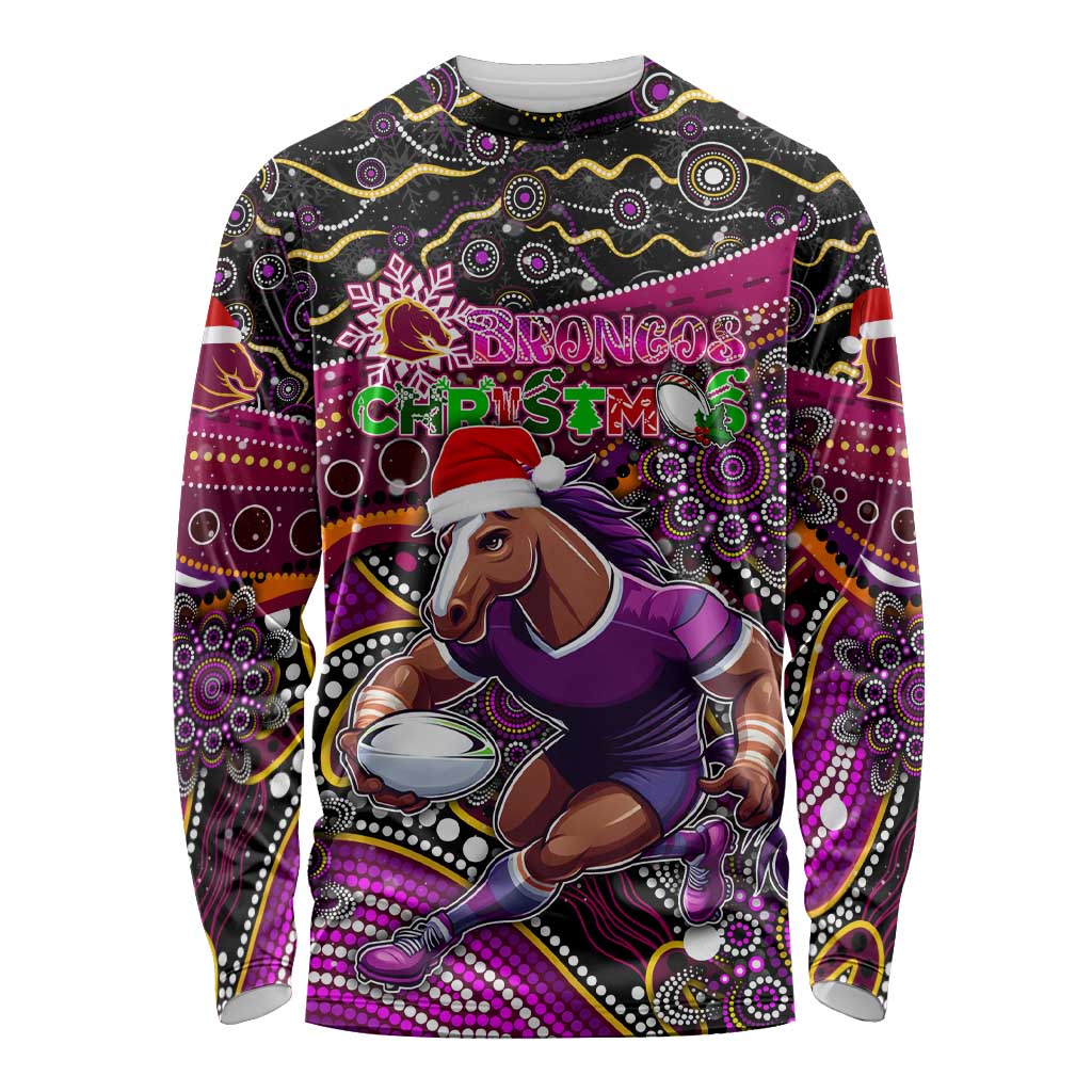 Merry Christmas Broncos Long Sleeve Shirt Aboriginal Santa Rugby Mascot - Brisbane