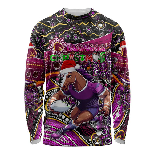Merry Christmas Broncos Long Sleeve Shirt Aboriginal Santa Rugby Mascot - Brisbane