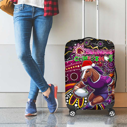 Merry Christmas Broncos Luggage Cover Aboriginal Santa Rugby Mascot - Brisbane