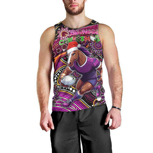 Merry Christmas Broncos Men Tank Top Aboriginal Santa Rugby Mascot - Brisbane