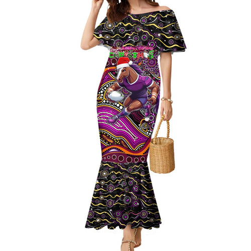 Merry Christmas Broncos Mermaid Dress Aboriginal Santa Rugby Mascot - Brisbane