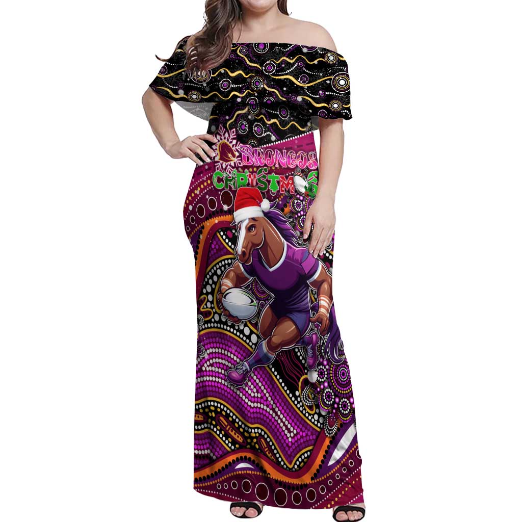 Merry Christmas Broncos Off Shoulder Maxi Dress Aboriginal Santa Rugby Mascot - Brisbane