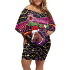 Merry Christmas Broncos Off Shoulder Short Dress Aboriginal Santa Rugby Mascot - Brisbane