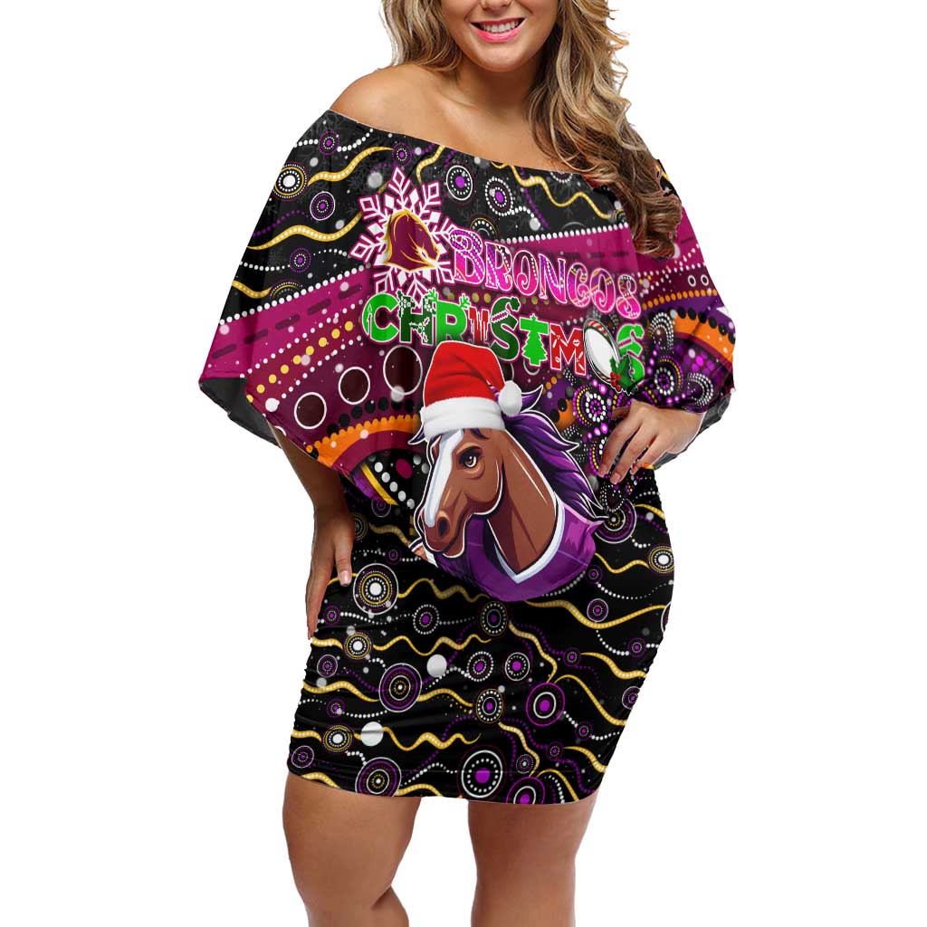 Merry Christmas Broncos Off Shoulder Short Dress Aboriginal Santa Rugby Mascot - Brisbane