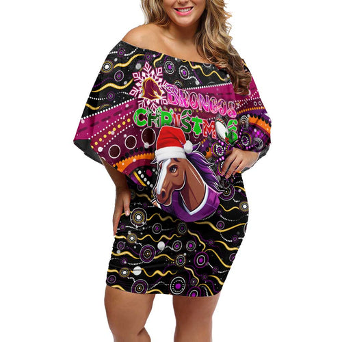 Merry Christmas Broncos Off Shoulder Short Dress Aboriginal Santa Rugby Mascot - Brisbane