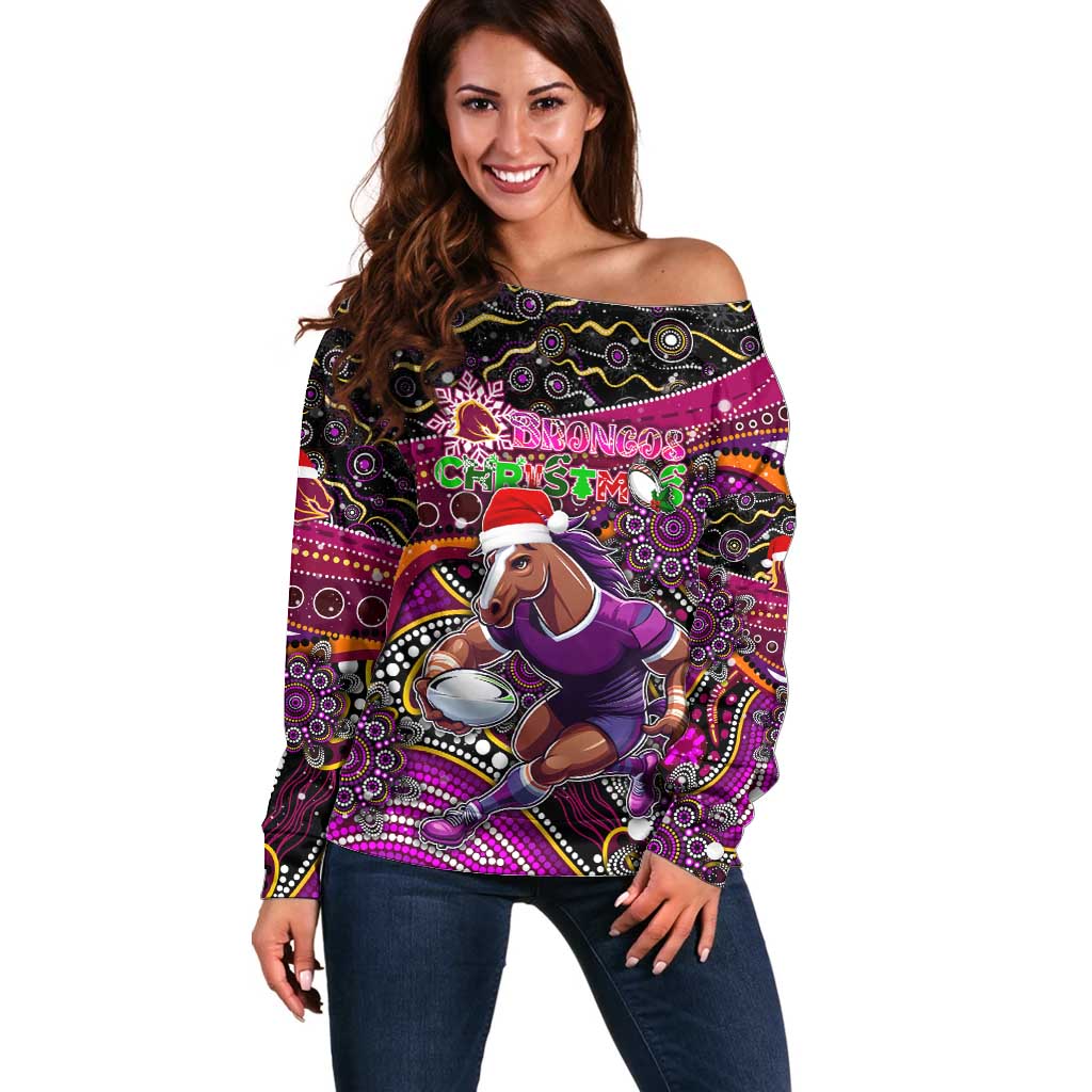 Merry Christmas Broncos Off Shoulder Sweater Aboriginal Santa Rugby Mascot - Brisbane