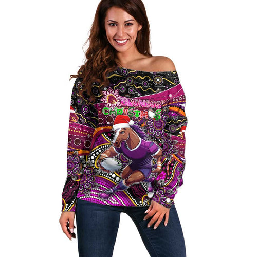 Merry Christmas Broncos Off Shoulder Sweater Aboriginal Santa Rugby Mascot - Brisbane
