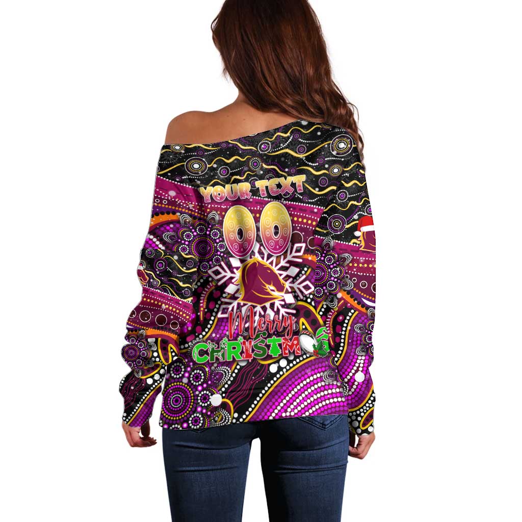Merry Christmas Broncos Off Shoulder Sweater Aboriginal Santa Rugby Mascot - Brisbane