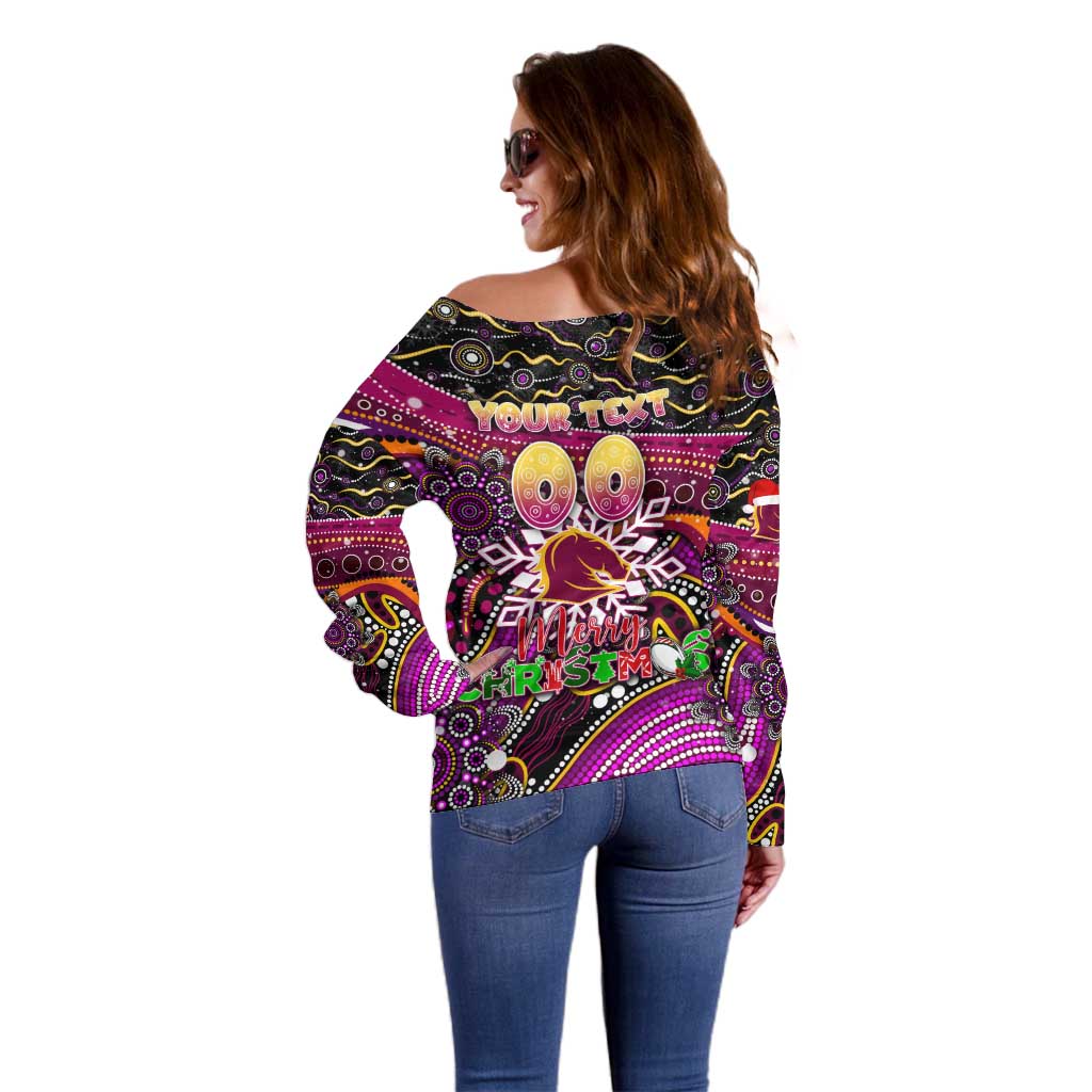 Merry Christmas Broncos Off Shoulder Sweater Aboriginal Santa Rugby Mascot - Brisbane