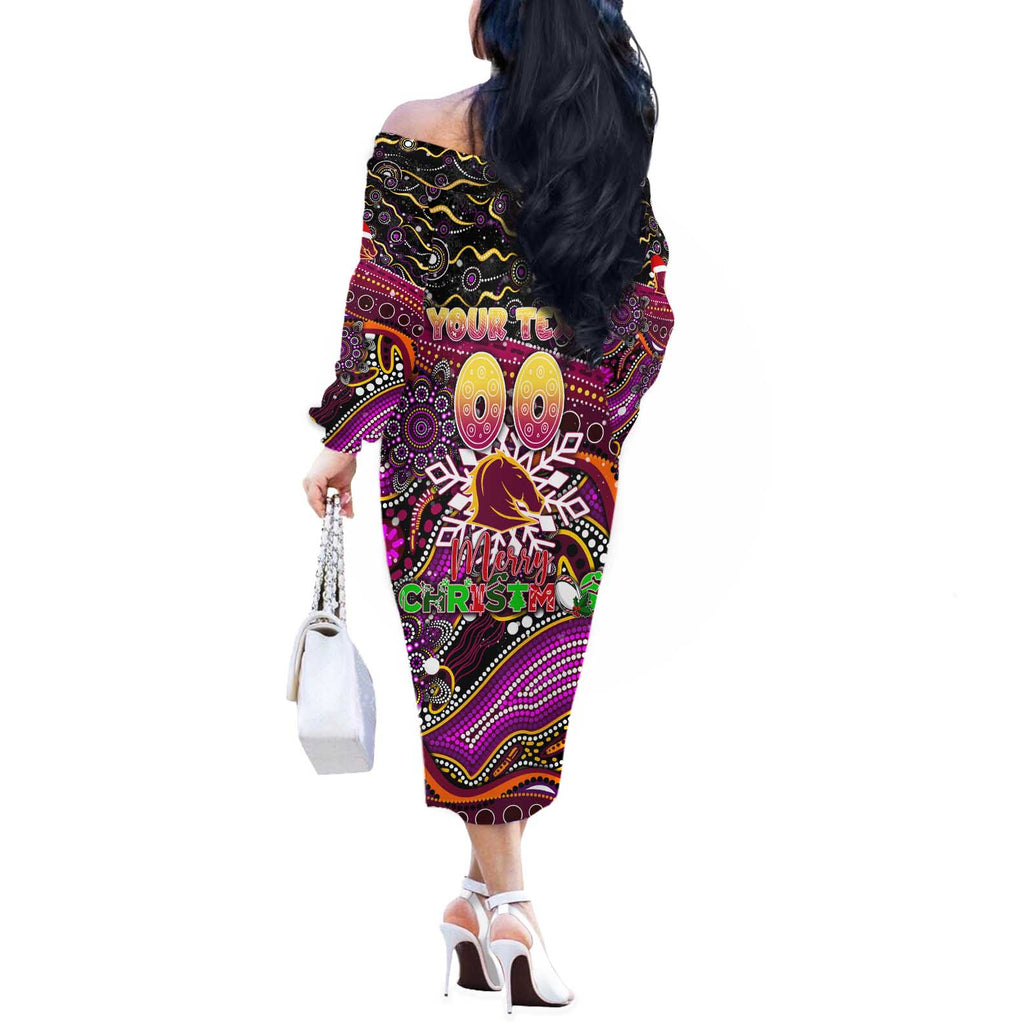 Merry Christmas Broncos Off The Shoulder Long Sleeve Dress Aboriginal Santa Rugby Mascot - Brisbane
