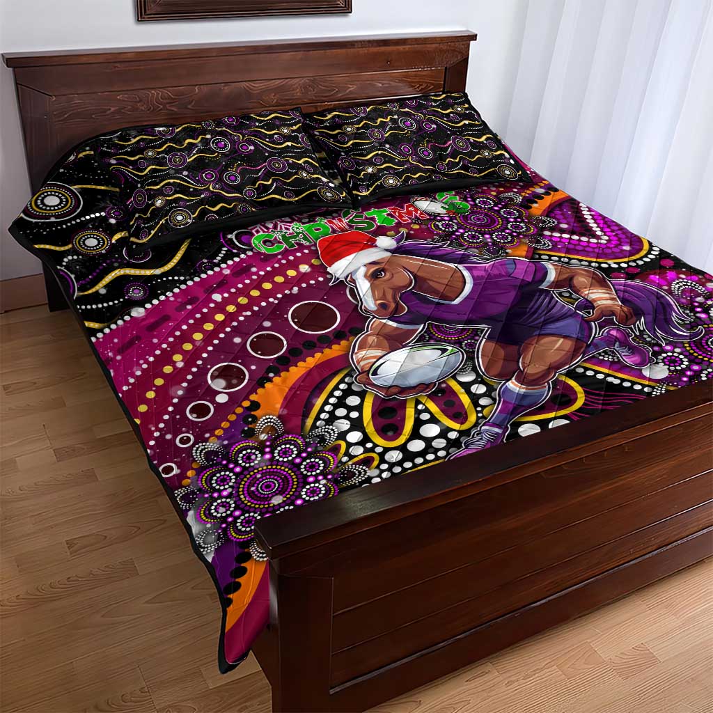 Merry Christmas Broncos Quilt Bed Set Aboriginal Santa Rugby Mascot - Brisbane