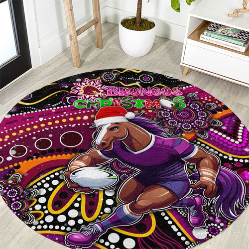 Merry Christmas Broncos Round Carpet Aboriginal Santa Rugby Mascot - Brisbane
