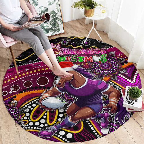 Merry Christmas Broncos Round Carpet Aboriginal Santa Rugby Mascot - Brisbane