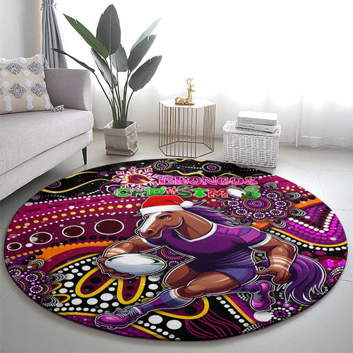 Merry Christmas Broncos Round Carpet Aboriginal Santa Rugby Mascot - Brisbane