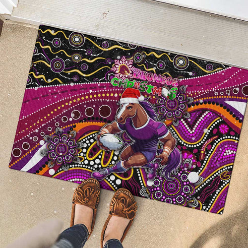 Merry Christmas Broncos Rubber Doormat Aboriginal Santa Rugby Mascot - Brisbane