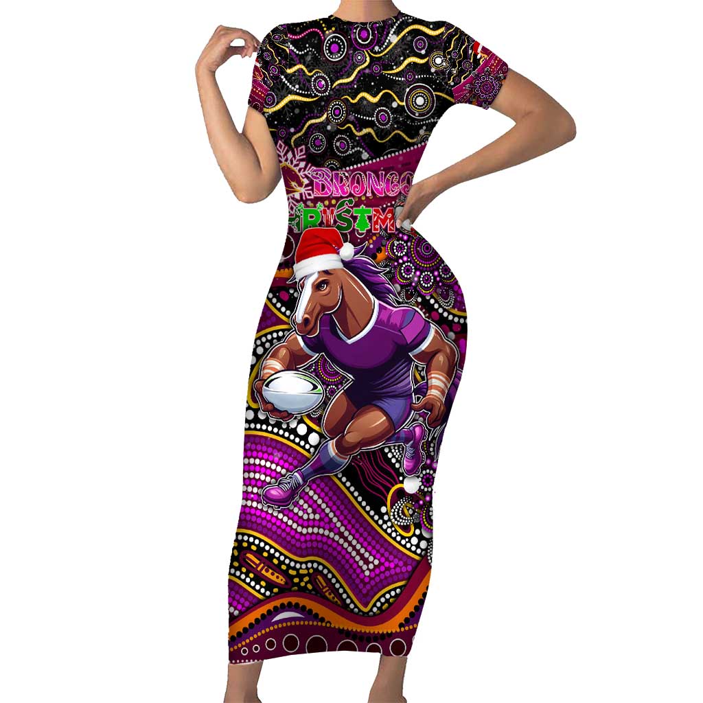 Merry Christmas Broncos Short Sleeve Bodycon Dress Aboriginal Santa Rugby Mascot - Brisbane