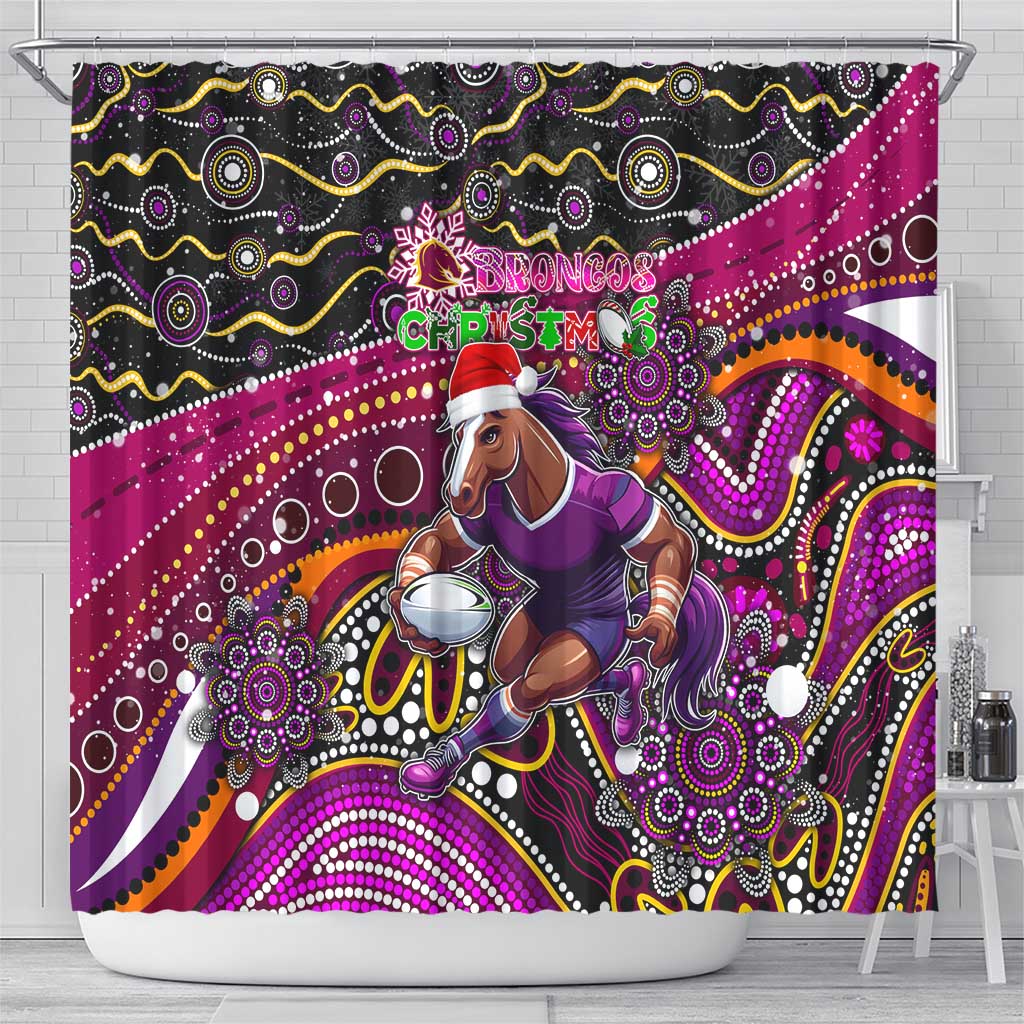 Merry Christmas Broncos Shower Curtain Aboriginal Santa Rugby Mascot - Brisbane