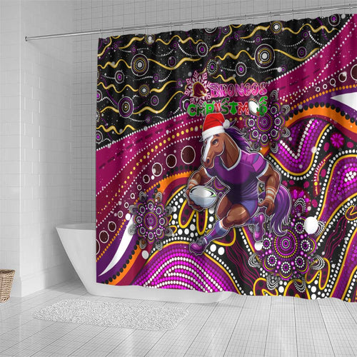 Merry Christmas Broncos Shower Curtain Aboriginal Santa Rugby Mascot - Brisbane