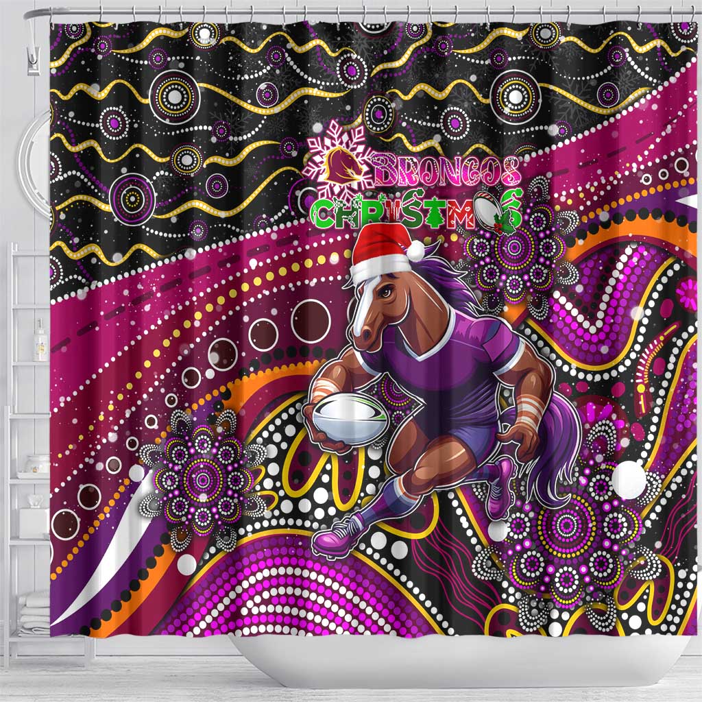 Merry Christmas Broncos Shower Curtain Aboriginal Santa Rugby Mascot - Brisbane
