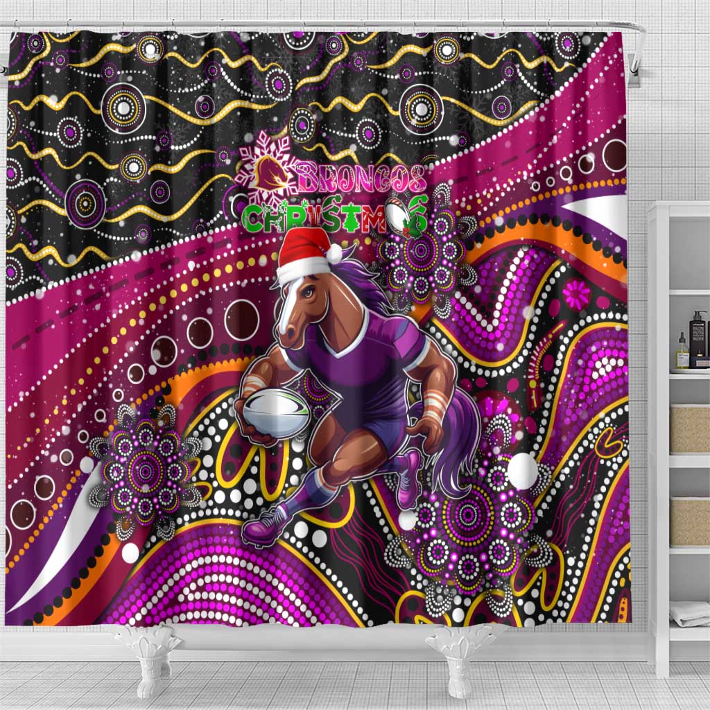 Merry Christmas Broncos Shower Curtain Aboriginal Santa Rugby Mascot - Brisbane
