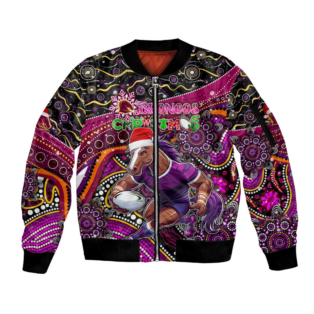 Merry Christmas Broncos Sleeve Zip Bomber Jacket Aboriginal Santa Rugby Mascot - Brisbane