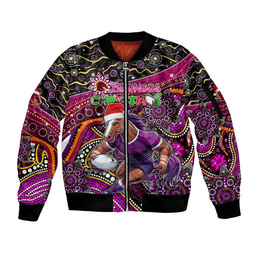 Merry Christmas Broncos Sleeve Zip Bomber Jacket Aboriginal Santa Rugby Mascot - Brisbane