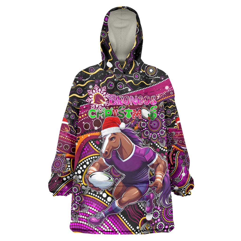 Merry Christmas Broncos Wearable Blanket Hoodie Aboriginal Santa Rugby Mascot - Brisbane