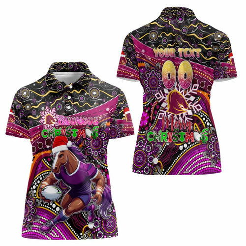 Merry Christmas Broncos Women Polo Shirt Aboriginal Santa Rugby Mascot - Brisbane