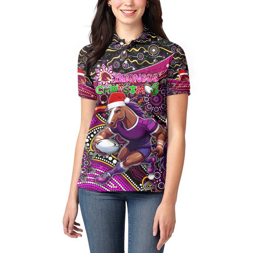 Merry Christmas Broncos Women Polo Shirt Aboriginal Santa Rugby Mascot - Brisbane