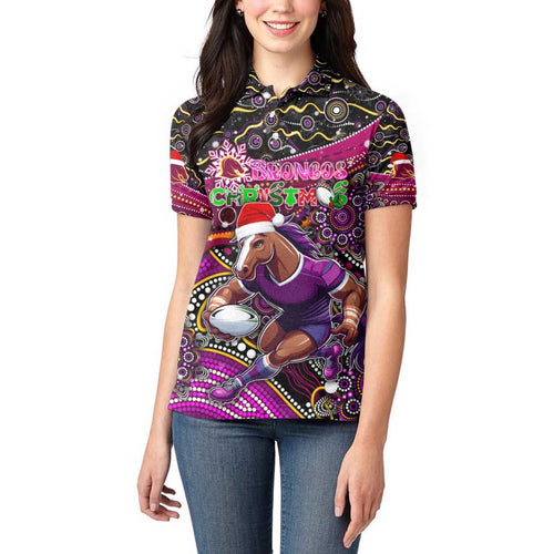 Merry Christmas Broncos Women Polo Shirt Aboriginal Santa Rugby Mascot - Brisbane