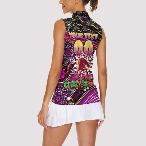 Merry Christmas Broncos Women Sleeveless Polo Shirt Aboriginal Santa Rugby Mascot - Brisbane