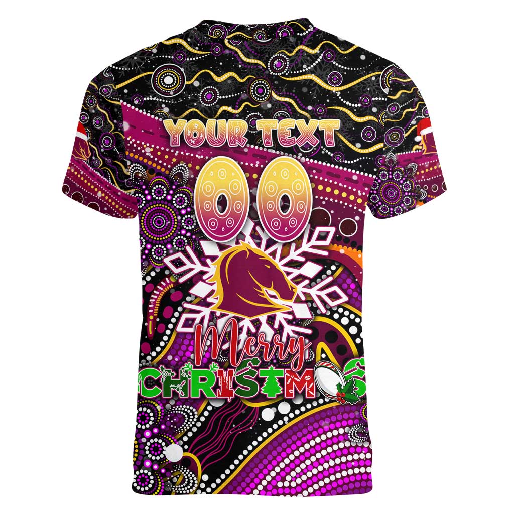 Merry Christmas Broncos Women V-Neck T-Shirt Aboriginal Santa Rugby Mascot - Brisbane