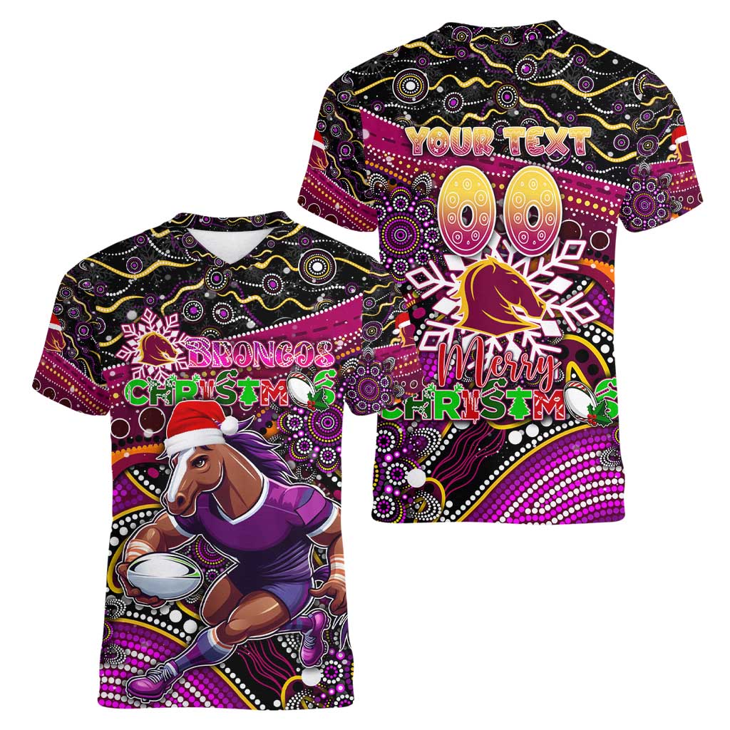 Merry Christmas Broncos Women V-Neck T-Shirt Aboriginal Santa Rugby Mascot - Brisbane