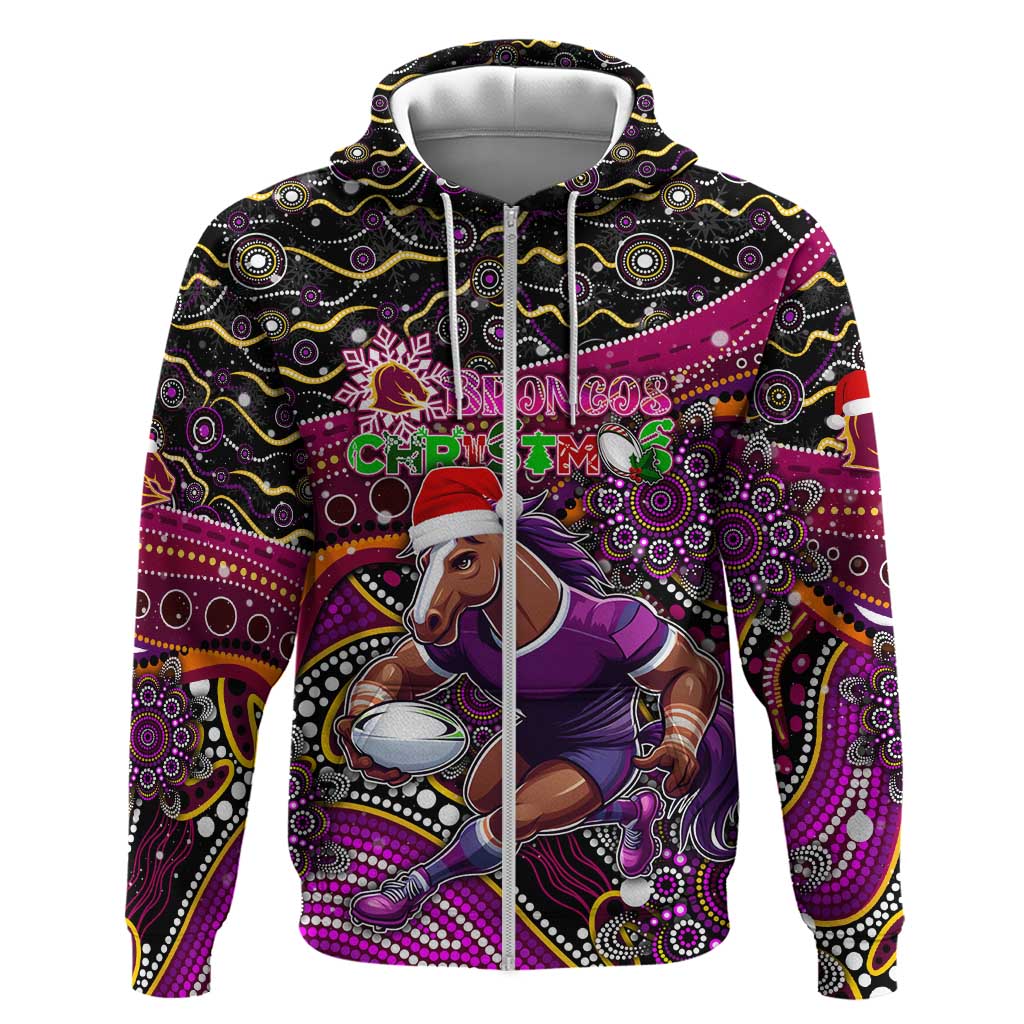 Merry Christmas Broncos Zip Hoodie Aboriginal Santa Rugby Mascot - Brisbane