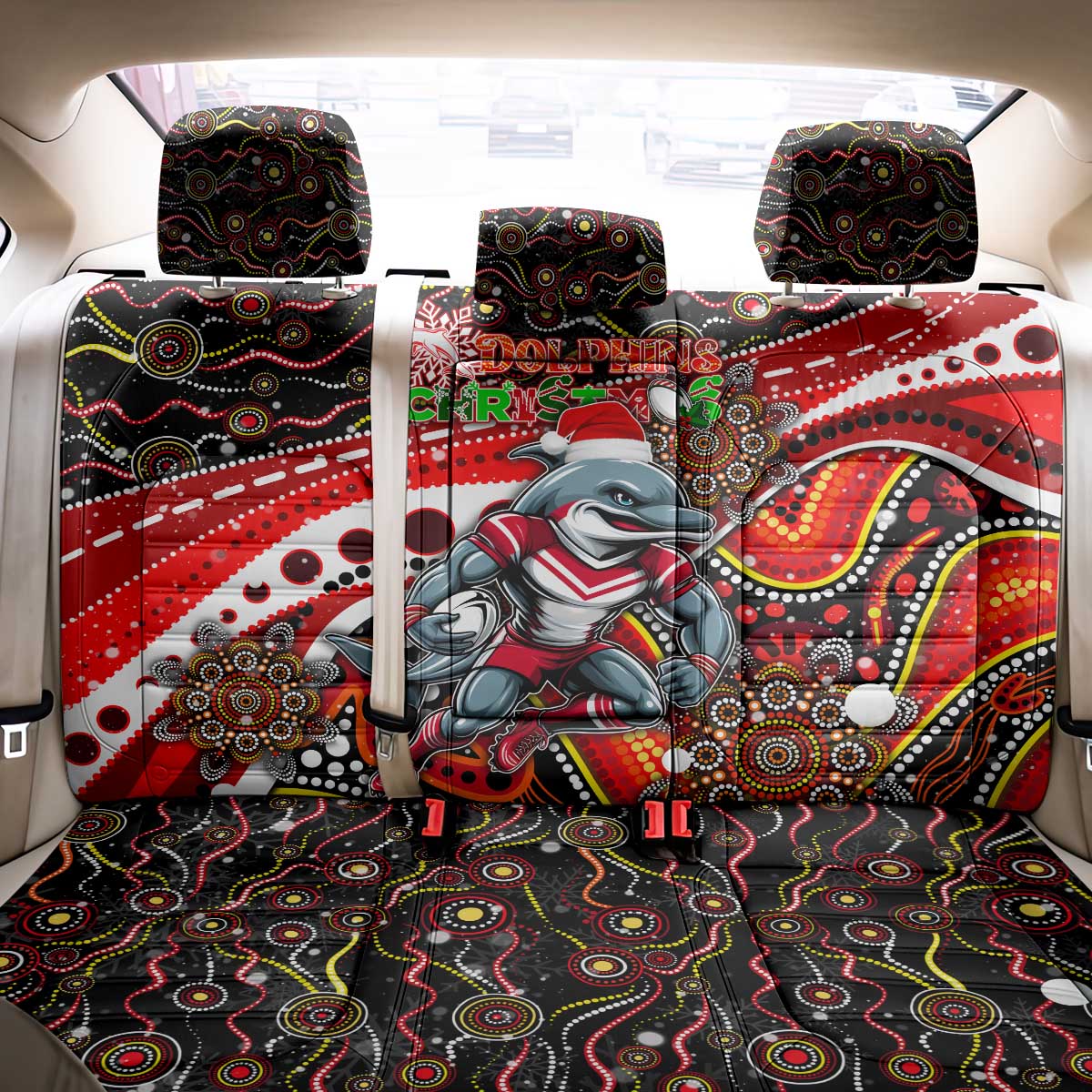 Merry Christmas Dolphins Back Car Seat Cover Aboriginal Santa Rugby Mascot - Redcliffe