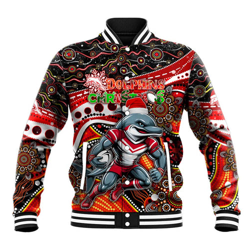 Merry Christmas Dolphins Baseball Jacket Aboriginal Santa Rugby Mascot - Redcliffe