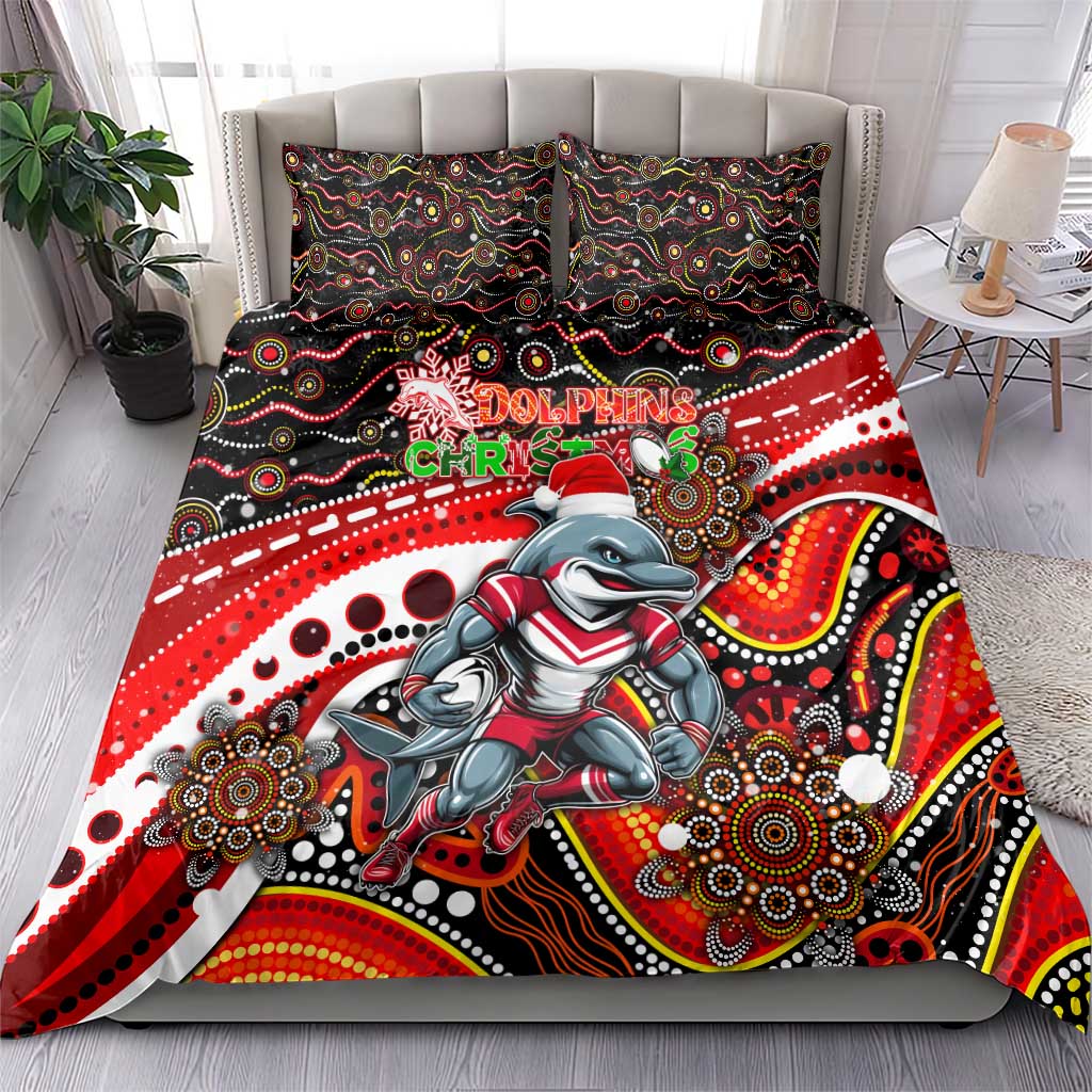 Merry Christmas Dolphins Bedding Set Aboriginal Santa Rugby Mascot - Redcliffe