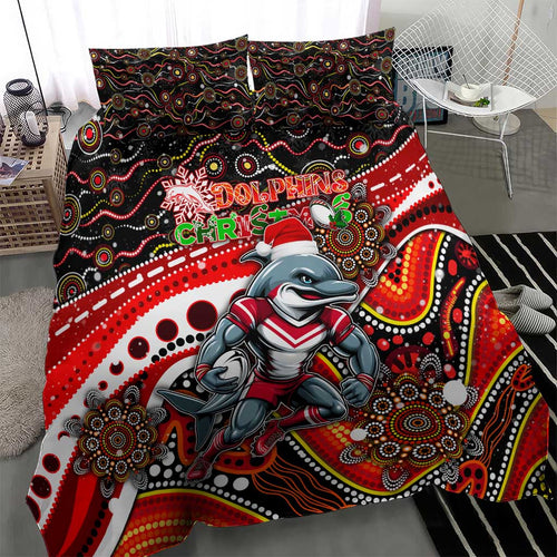Merry Christmas Dolphins Bedding Set Aboriginal Santa Rugby Mascot - Redcliffe