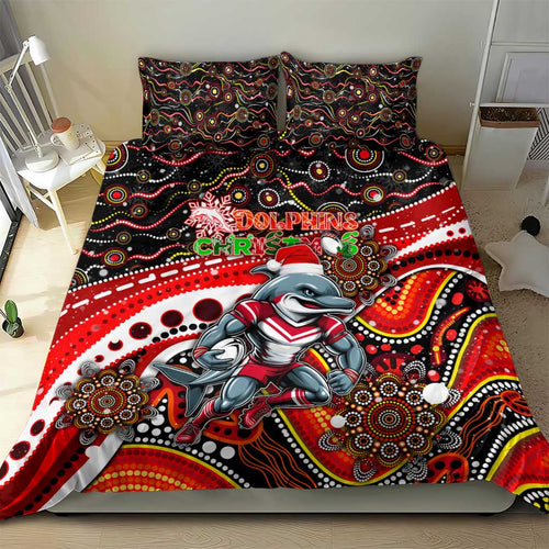Merry Christmas Dolphins Bedding Set Aboriginal Santa Rugby Mascot - Redcliffe