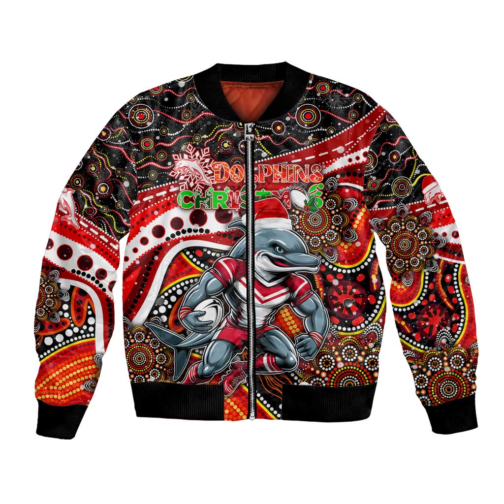 Merry Christmas Dolphins Bomber Jacket Aboriginal Santa Rugby Mascot - Redcliffe