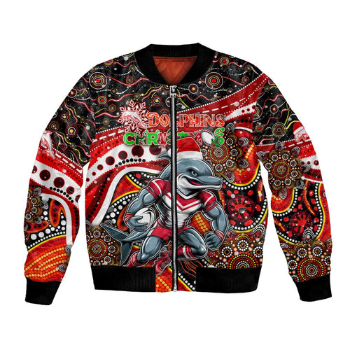 Merry Christmas Dolphins Bomber Jacket Aboriginal Santa Rugby Mascot - Redcliffe
