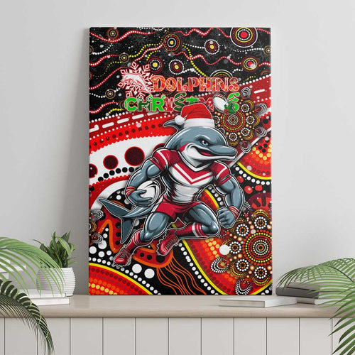 Merry Christmas Dolphins Canvas Wall Art Aboriginal Santa Rugby Mascot - Redcliffe