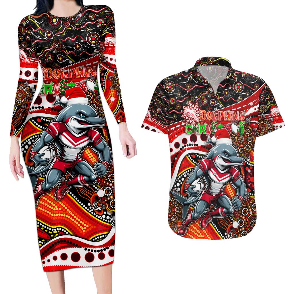 Merry Christmas Dolphins Couples Matching Long Sleeve Bodycon Dress and Hawaiian Shirt Aboriginal Santa Rugby Mascot - Redcliffe