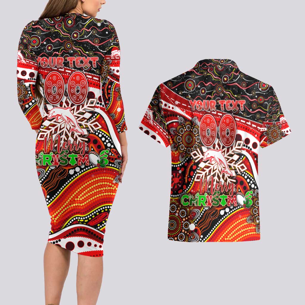Merry Christmas Dolphins Couples Matching Long Sleeve Bodycon Dress and Hawaiian Shirt Aboriginal Santa Rugby Mascot - Redcliffe