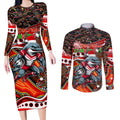 Merry Christmas Dolphins Couples Matching Long Sleeve Bodycon Dress and Long Sleeve Button Shirt Aboriginal Santa Rugby Mascot - Redcliffe