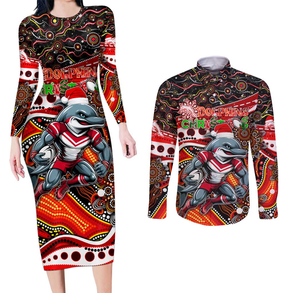 Merry Christmas Dolphins Couples Matching Long Sleeve Bodycon Dress and Long Sleeve Button Shirt Aboriginal Santa Rugby Mascot - Redcliffe