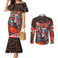Merry Christmas Dolphins Couples Matching Mermaid Dress and Long Sleeve Button Shirt Aboriginal Santa Rugby Mascot - Redcliffe