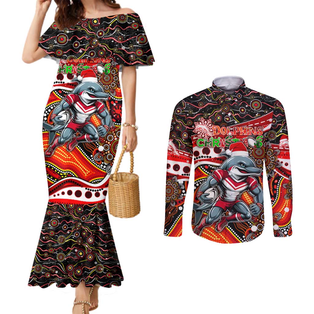 Merry Christmas Dolphins Couples Matching Mermaid Dress and Long Sleeve Button Shirt Aboriginal Santa Rugby Mascot - Redcliffe