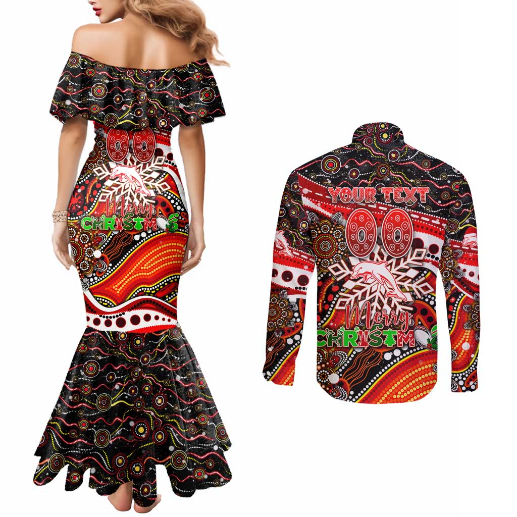 Merry Christmas Dolphins Couples Matching Mermaid Dress and Long Sleeve Button Shirt Aboriginal Santa Rugby Mascot - Redcliffe